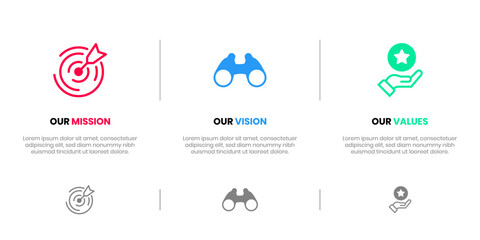 Mission Vision Values infographic Banner template. Company goal infographic design with  Modern flat icon design. vector illustration infographic icon design banner.