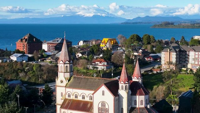 Famous Church At Puerto Varas In Los Lagos Chile. Volcano Landscape. Downtown Cityscape. Los Lagos Chile. Llanquihue Lake. Famous Church At Puerto Varas In Los Lagos Chile.