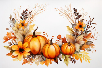 Autumn Adornments, Watercolor Fall-Themed Wreath with Pumpkins and Leaves