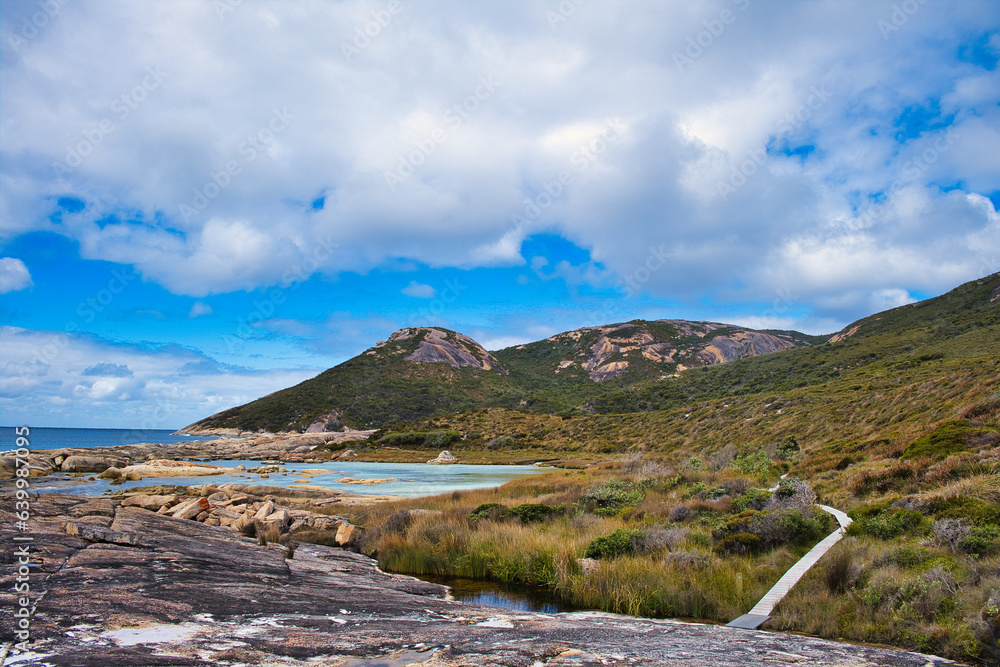 Wall mural wooden walkway through a saltwater marsh in two peoples bay nature reserve, close to albany, western