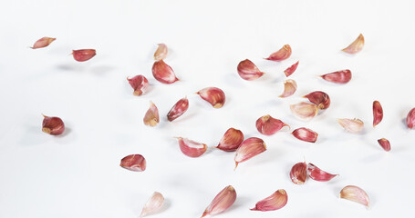 Garlic, allium savitum, Falling against White Background