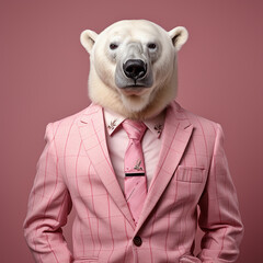 white polar bear dressed in a plaid suit looking straight at the camera, on a smooth light pink background - 639987249