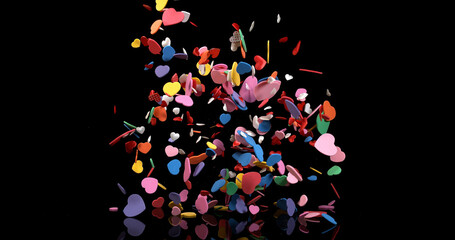 Hearts for Valentine's Day Party Exploding on Black Background