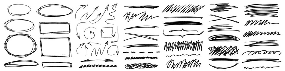 Grunge charcoal scribble stripes, emphasis arrows, handdrawn doodle bold shapes. Chalk crayon or marker doodle rouge freehand scratches. Vector illustration of lines, waves, squiggles by marker - obrazy, fototapety, plakaty