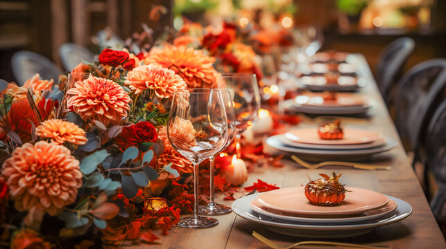 Table set and festively decorated in autumnal colors for Thanksgiving