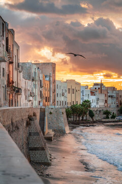 Sunset over the old town of Trapani, Sicily, Italy