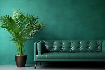 Living room modern minimalist interior with green sofa and plant on green wall background
