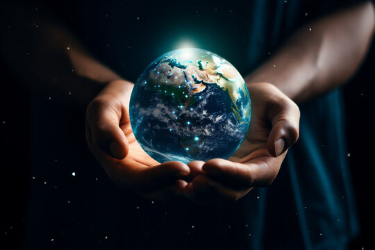 close up of hands holding planet Earth. environment pollution, save clean planet and ecology, sustainable lifestyle