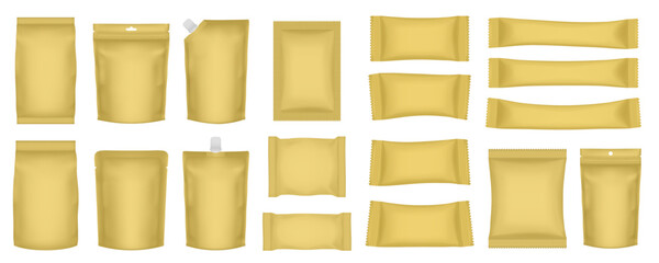 Set of realistic pouch mockups. Gold flow pack, sachet, zip bag and doypack. Ice cream wrapper. Sheet mask sachet. Soap or wet wipes packaging. Sugar stick