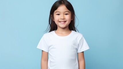 Asian young girl wearing white tshirt on blue background mockup
