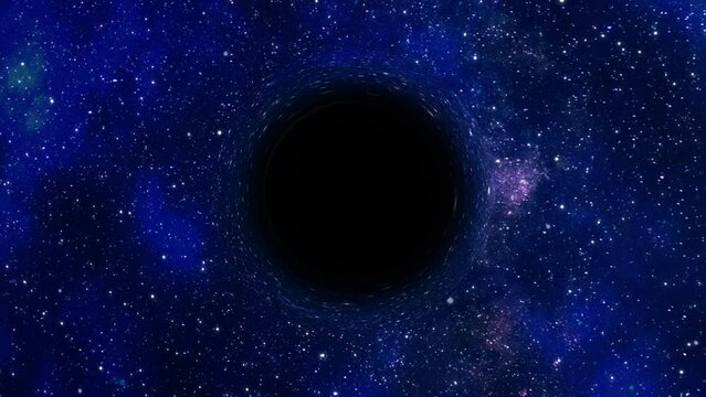 Supermassive black hole flies in the foreground against the background of a galaxy, a starry sky
