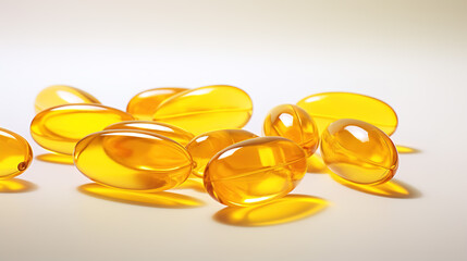 Transparent yellow vitamins on a light background. Vitamin D, omega 3, omega 6, Food supplement oil filled fish oil, vitamin A, vitamin E, flaxseed oil.