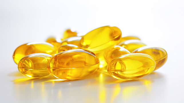 Transparent yellow vitamins on a light background. Vitamin D, omega 3, omega 6, Food supplement oil filled fish oil, vitamin A, vitamin E, flaxseed oil.