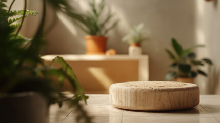 Fototapeta na wymiar Travertine empty round podium on blurred sustainable bathroom interior background with plants and towels. Scene stage showcase for beauty and spa products, cosmetics, promotion sale or advertising.