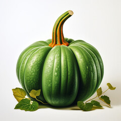 Singular Serenity, Vibrant Green Pumpkin with Gentle Leaf on White Background