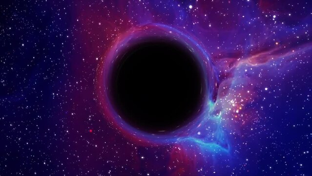 Supermassive black hole flies in the foreground against the background of a galaxy, a starry sky
