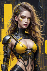 Portrait of a futuristic female with yellow futuristic dress technology expert, tuner, or hacker