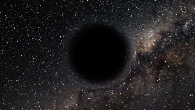 Supermassive black hole flies in the foreground against the background of a galaxy, a starry sky
