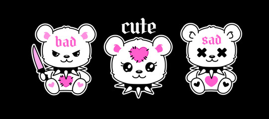  Y2k Teddy Bear toy in 2000s tattoo art sticker or badge. Emo Goth 00's tattoo sticker, black and pink colors. Cute girly gothic Teddy Bear toy with studded collar and knife for y2k print design - obrazy, fototapety, plakaty