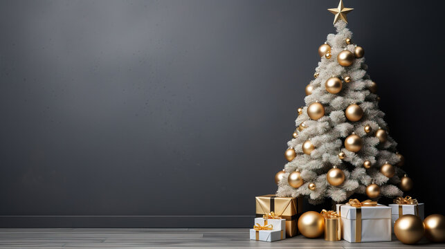 Christmas tree with decoration on empty background, copy space