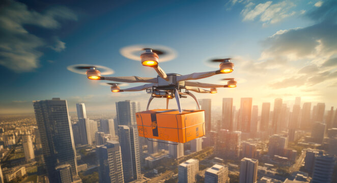The notion of utilizing drones to transport packages is exemplified as a delivery drone with a container soars over the cityscape