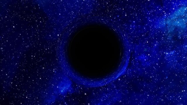 Supermassive black hole flies in the foreground against the background of a galaxy, a starry sky
