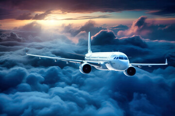 Fototapeta premium A passenger plane flying between clouds.