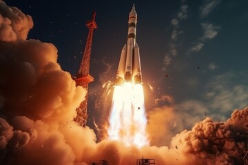 rocket launch vehicle from cosmodrome, view from ground level