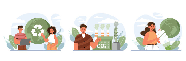 Conscious consumption set. Character with eco-friendly life-style. 