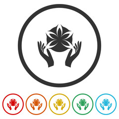 Lotus flower human care logo. Set icons in color circle buttons