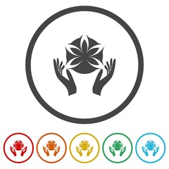 Lotus flower human care logo. Set icons in color circle buttons