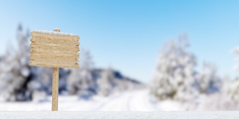 Empty, blank wooden sign with snow cover, wooden board sign template for christmas or winter concept on winter landscape background