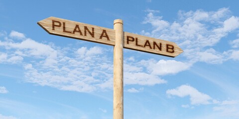 Two wooden signs showign plan a and plan b text over blue sky background with white clouds, business strategy, decision or backup concept