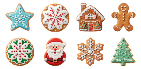 Christmas gingerbread and cookies figures isolated on a transparent background - obrazy, fototapety, plakaty