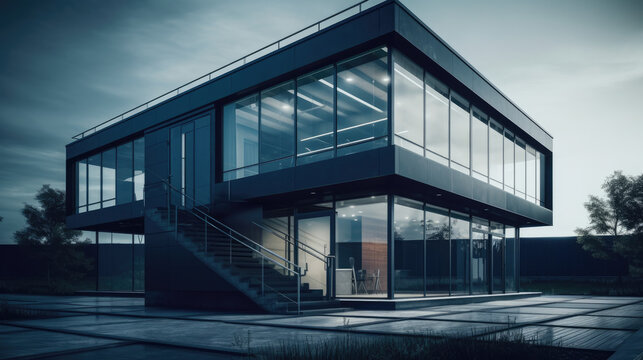 two story modern small industrial minimalist design style office building, incorporate glass elements.