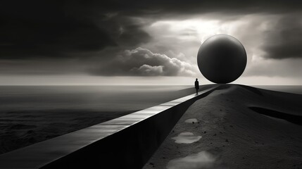 A huge sphere blocks the path of a man walking through a surreal desert at night. The concept of finding a way out of a difficult situation. Lonely silhouette. Illustration for cover, card, etc.