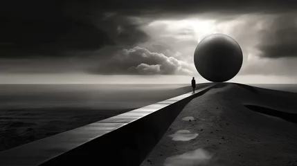 Fotobehang A huge sphere blocks the path of a man walking through a surreal desert at night. The concept of finding a way out of a difficult situation. Lonely silhouette. Illustration for cover, card, etc. © Login