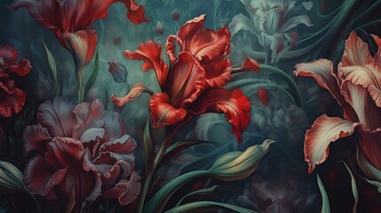 Oil painted colorful flowers; vivid and old styled creating a sense of medieval times. Popping out shapes, leaves and beads, stunning aesthetics and perspective.  - obrazy, fototapety, plakaty