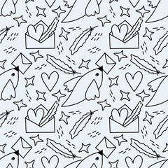 Cute Seamless pattern doodle vector with birds, hearts, stars, letters and feathers on a blue background. Texture for wrapping paper, fabrics, banners, print. Also suitable for Valentines day