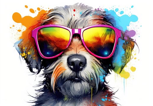 Stylish dog posing in sunglasses is painted with watercolor paints with splashes of paint on it. Close portrait of furry puppy in fashion style. Printable design for t-shirt, bag, case, pillow, etc.