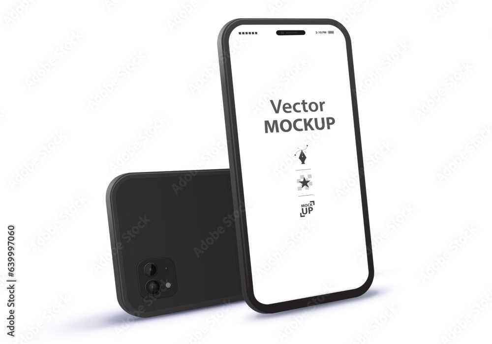 Poster black mobile phone vector mockup with front and back perspective view. blank screen smartphone illus