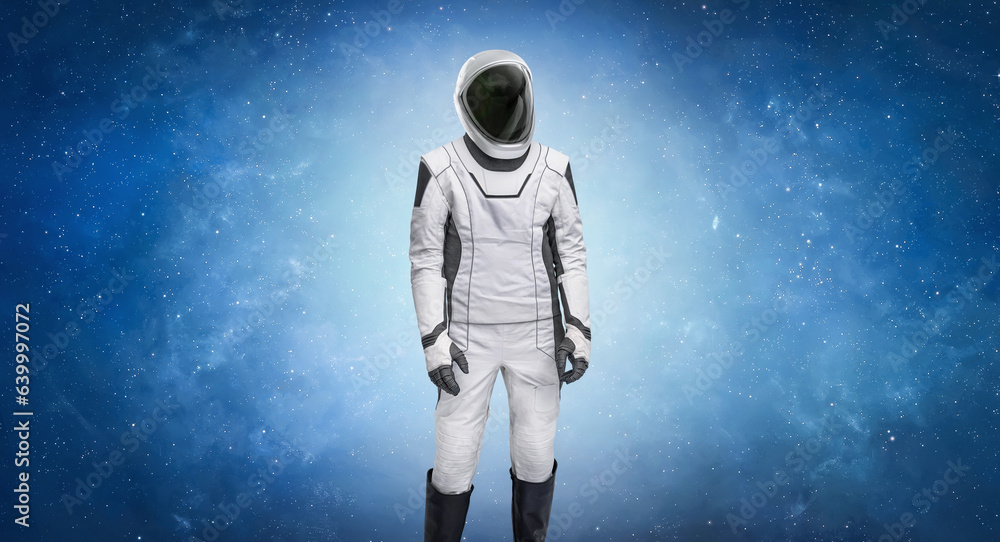 Poster Astronaut stand in deep bright space. Future space mission from Earth planet. Spaceman in stars. Elements of this image furnished by NASA 