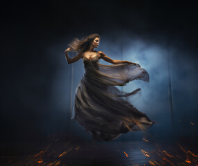 Fototapeta na wymiar Ballerina Dance. Woman in Silk Gown flying on Wind over Gray Studio Background