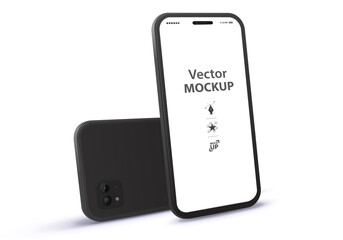 Black Mobile Phone Vector Mockup with Front and Back Perspective View. Blank screen smartphone illustration isolated on white background. 