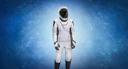 Fototapeta premium Astronaut stand in deep bright space. Future space mission from Earth planet. Spaceman in stars. Elements of this image furnished by NASA 