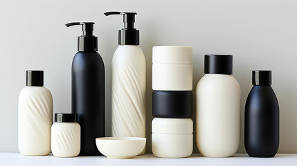 Black and white bottles for cosmetics and personal care products are arranged in a row. - obrazy, fototapety, plakaty