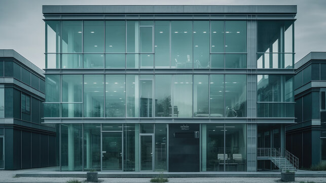 two story modern small industrial minimalist design style office building, incorporate glass elements.