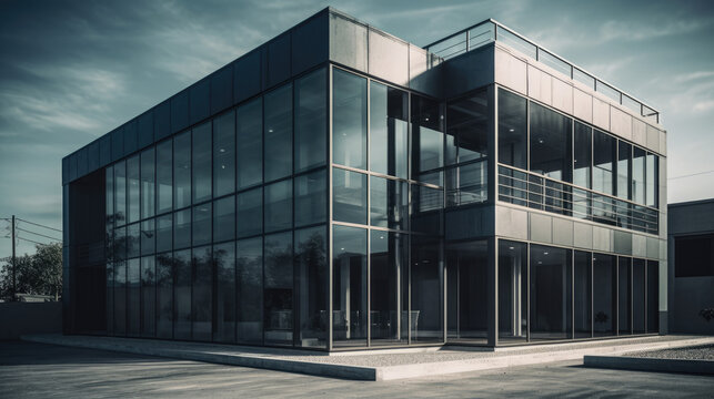 two story modern small industrial minimalist design style office building, incorporate glass elements.