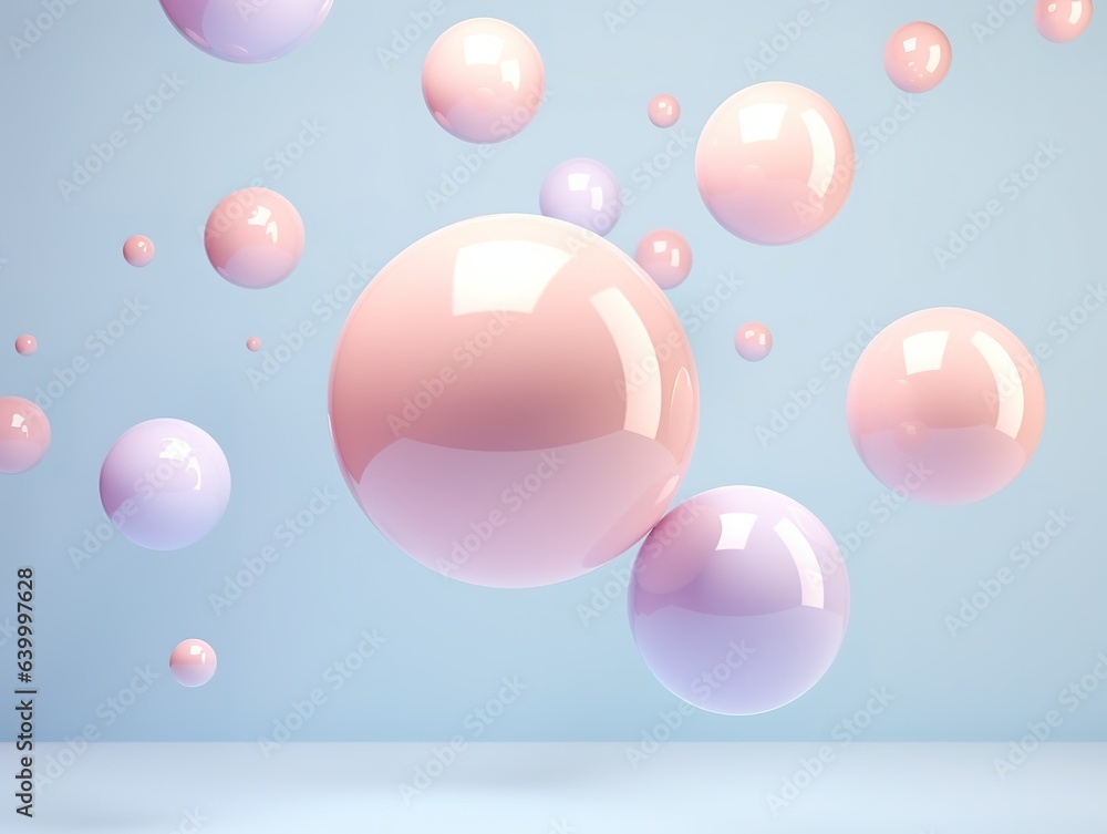 Poster floating spheres 3d rendering empty space for product show on pastel background. generative ai