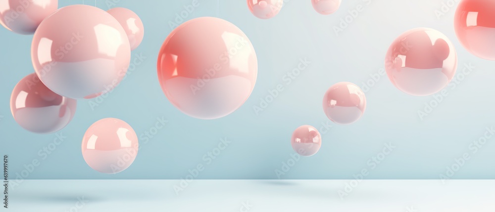 Poster floating spheres 3d rendering empty space for product show on pastel background. generative ai